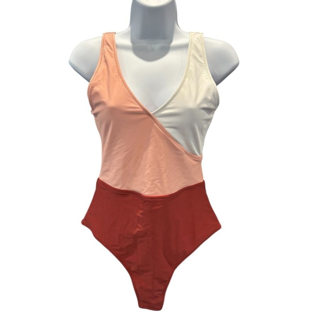 Tri Color One Piece Swimsuit Size Small V Neck Colorblock Sleeveless‎ Stretch